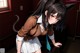 Anime girl with long black hair wearing a brown shirt and white skirt.